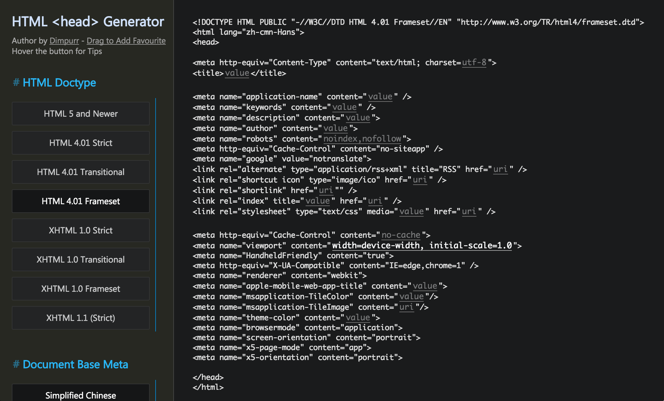 HTML Head Generator by Dimpurr